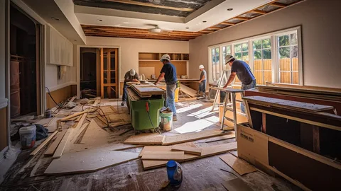 Home improvement company workers install wood flooring in a spacious living room with tools and sunlight streaming in.