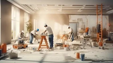 Workers from a trusted home improvement company renovate a bright unfinished room using ladders, tools, paint cans, and construction materials while natural daylight fills the space.